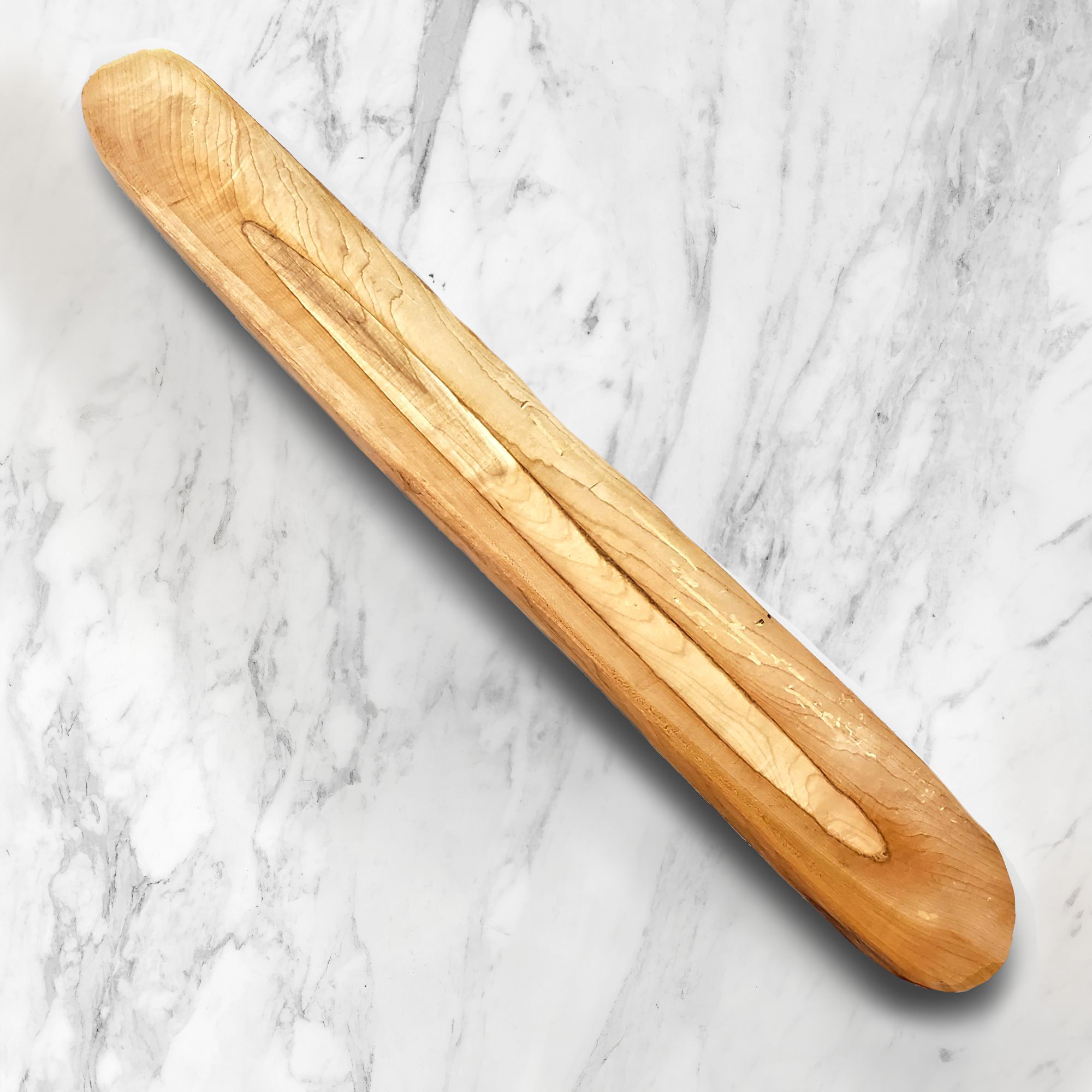 Handcarved baguette tray made from Cherry/Maple or Walnut/Maple, measuring 33 inches long, showcasing elegant craftsmanship.