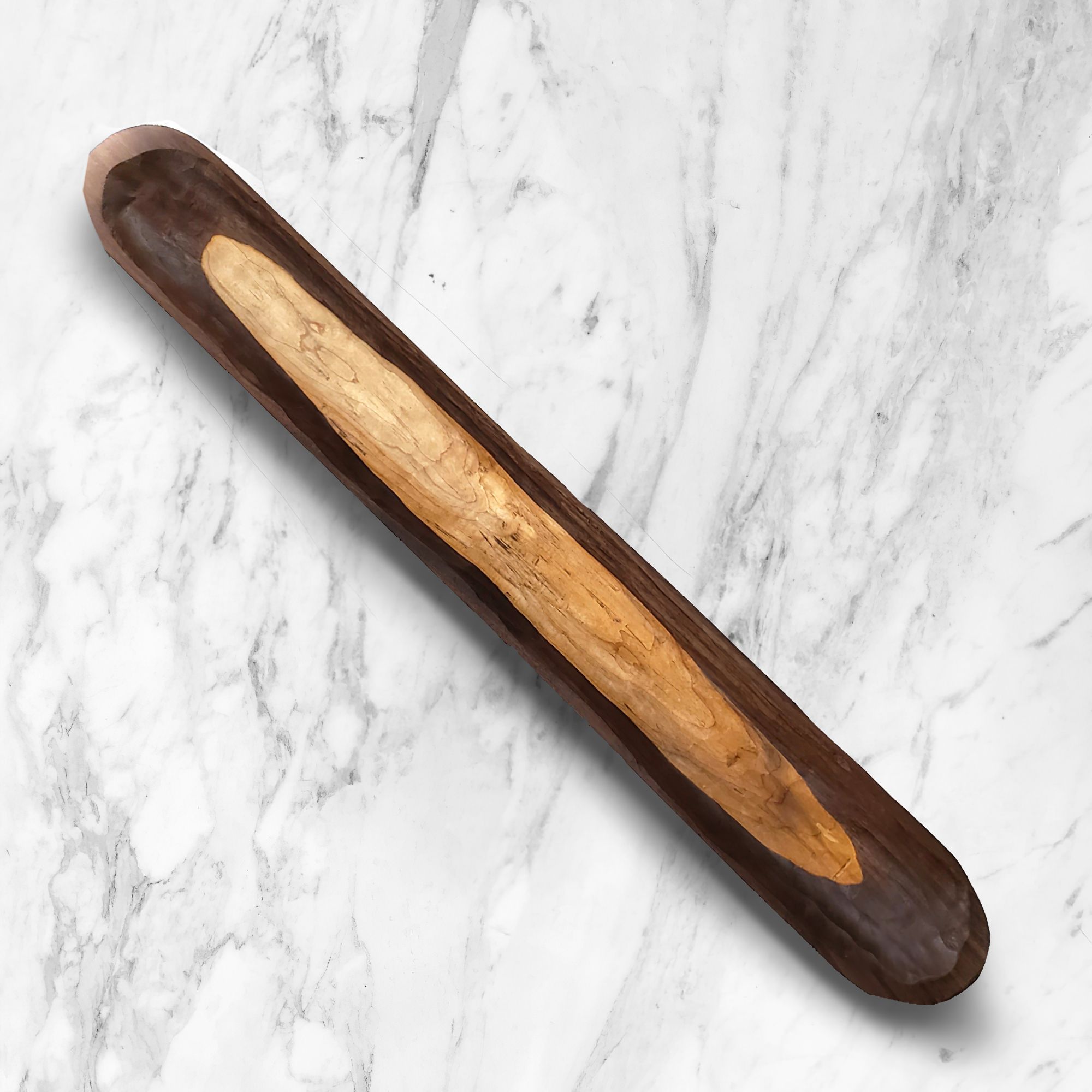 Handcarved baguette tray made from Cherry/Maple or Walnut/Maple, measuring 33 inches long, showcasing elegant craftsmanship.