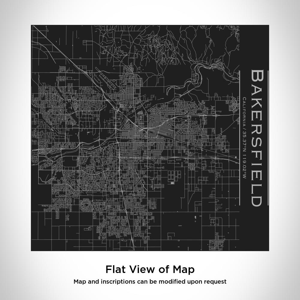 Custom engraved matte black tumbler featuring a detailed map of Bakersfield, California with coordinates.