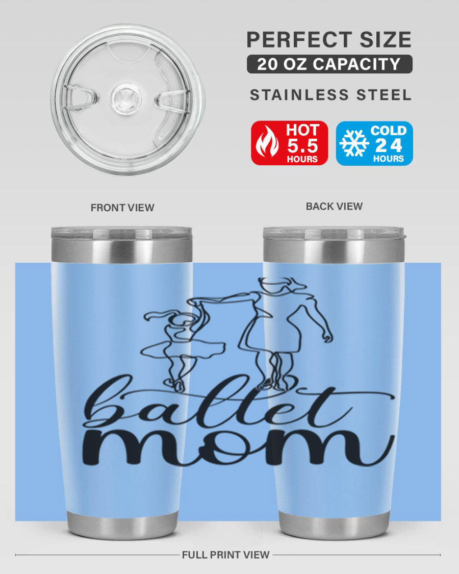 A stylish ballet mom17# tumbler made of stainless steel, featuring a vibrant design, double wall vacuum insulation, and a drink-thru lid.