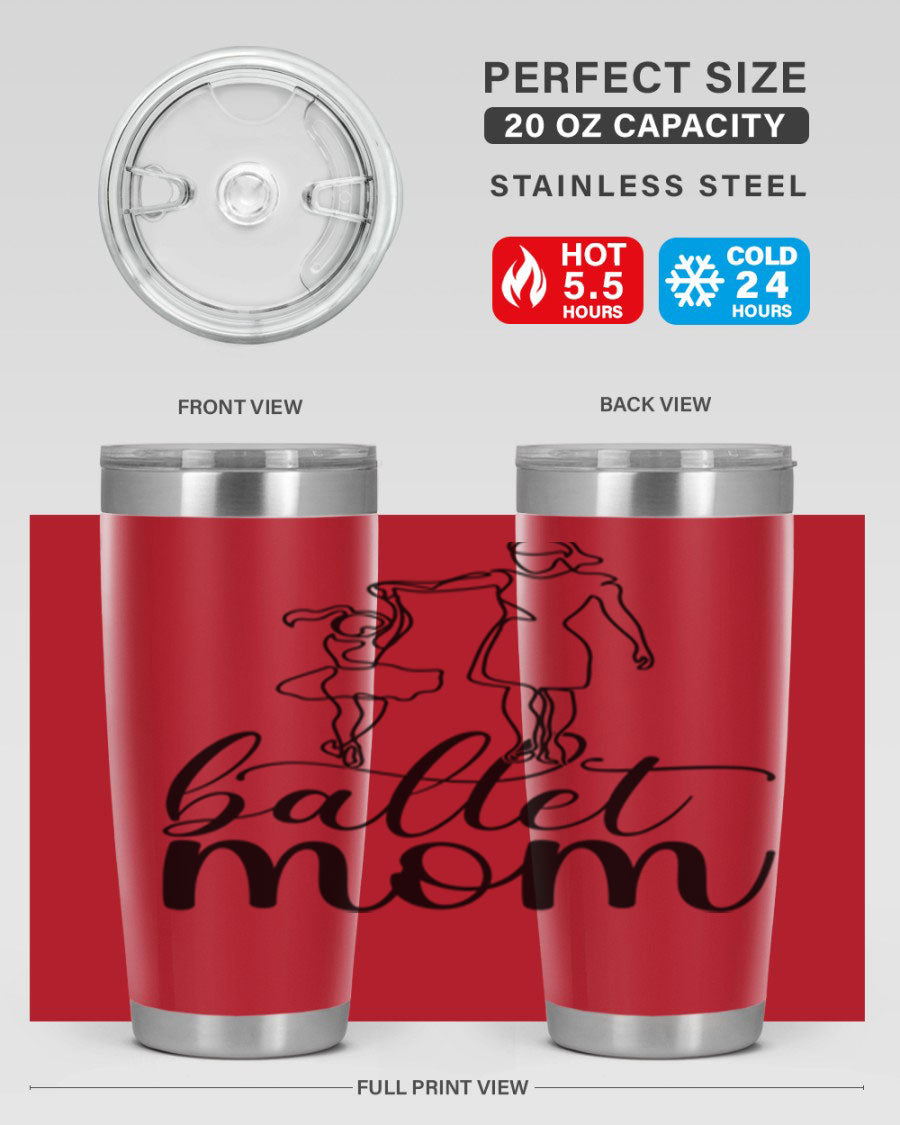 A stylish ballet mom17# tumbler made of stainless steel, featuring a vibrant design, double wall vacuum insulation, and a drink-thru lid.