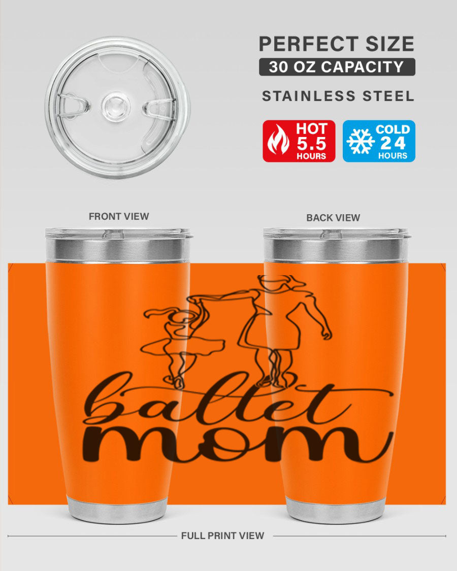 A stylish ballet mom17# tumbler made of stainless steel, featuring a vibrant design, double wall vacuum insulation, and a drink-thru lid.