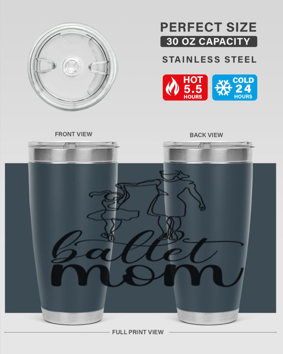 A stylish ballet mom17# tumbler made of stainless steel, featuring a vibrant design, double wall vacuum insulation, and a drink-thru lid.