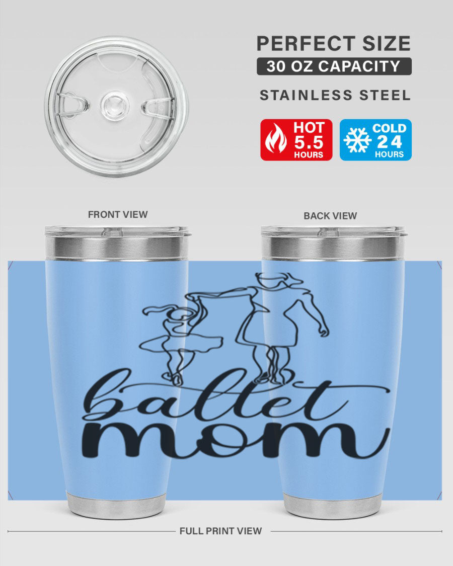 A stylish ballet mom17# tumbler made of stainless steel, featuring a vibrant design, double wall vacuum insulation, and a drink-thru lid.