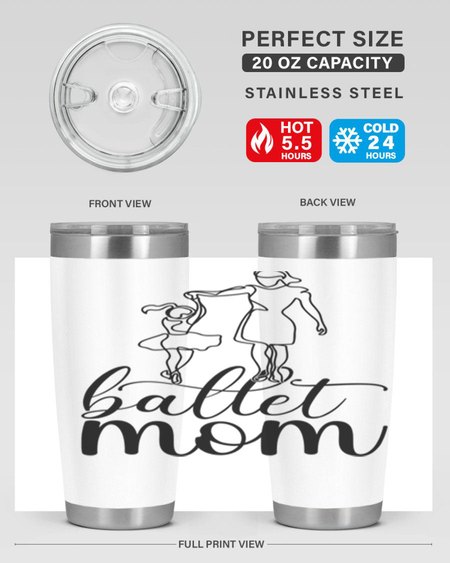 A stylish ballet mom17# tumbler made of stainless steel, featuring a vibrant design, double wall vacuum insulation, and a drink-thru lid.