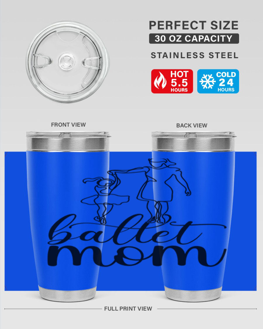 A stylish ballet mom17# tumbler made of stainless steel, featuring a vibrant design, double wall vacuum insulation, and a drink-thru lid.