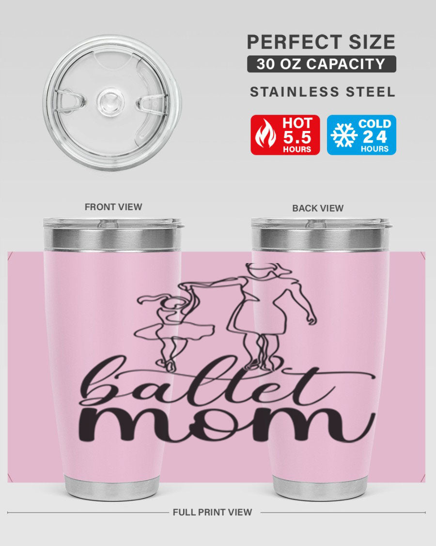 A stylish ballet mom17# tumbler made of stainless steel, featuring a vibrant design, double wall vacuum insulation, and a drink-thru lid.