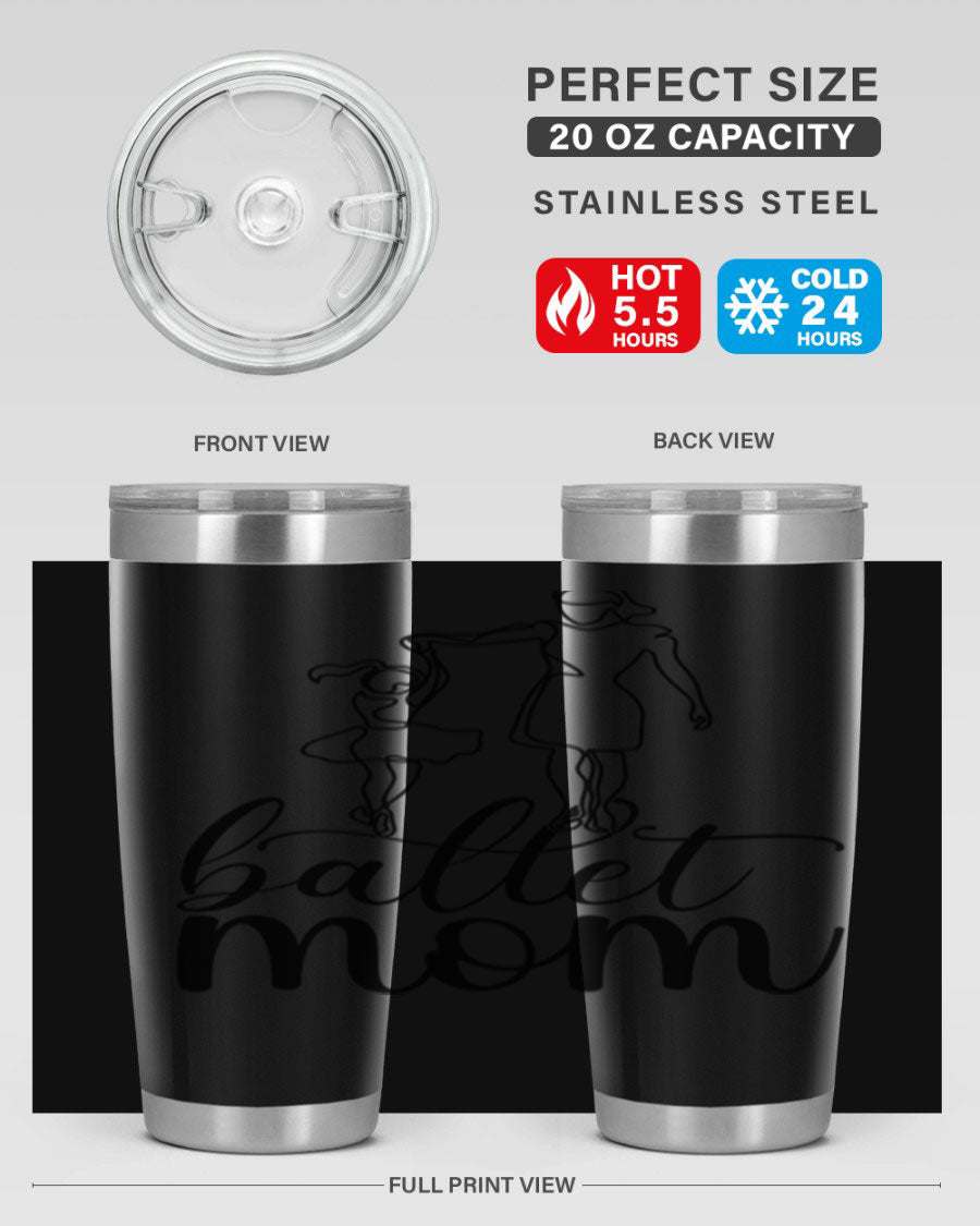 A stylish ballet mom17# tumbler made of stainless steel, featuring a vibrant design, double wall vacuum insulation, and a drink-thru lid.