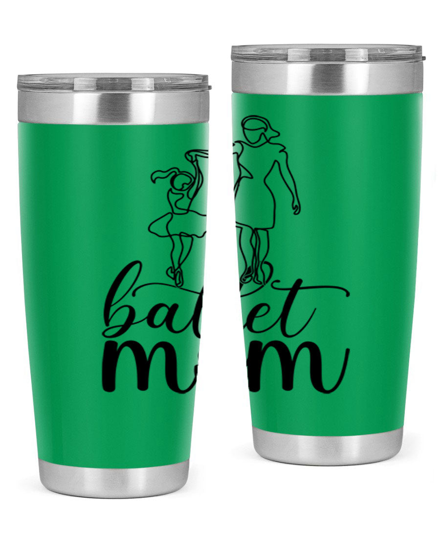 A stylish ballet mom17# tumbler made of stainless steel, featuring a vibrant design, double wall vacuum insulation, and a drink-thru lid.