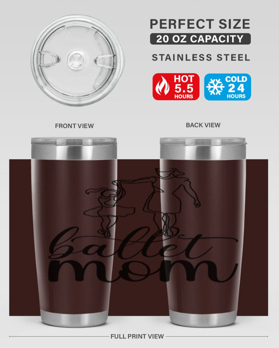 A stylish ballet mom17# tumbler made of stainless steel, featuring a vibrant design, double wall vacuum insulation, and a drink-thru lid.