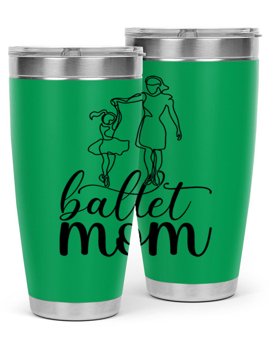 A stylish ballet mom17# tumbler made of stainless steel, featuring a vibrant design, double wall vacuum insulation, and a drink-thru lid.