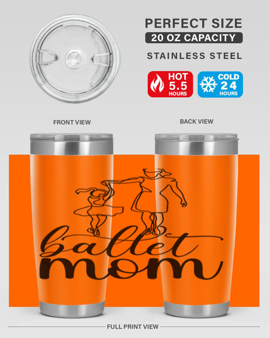 A stylish ballet mom17# tumbler made of stainless steel, featuring a vibrant design, double wall vacuum insulation, and a drink-thru lid.