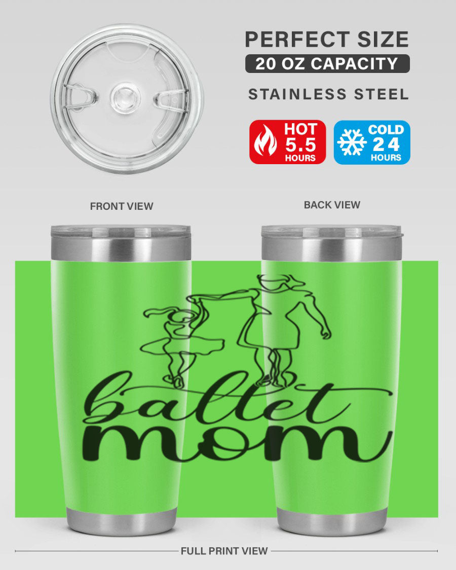 A stylish ballet mom17# tumbler made of stainless steel, featuring a vibrant design, double wall vacuum insulation, and a drink-thru lid.