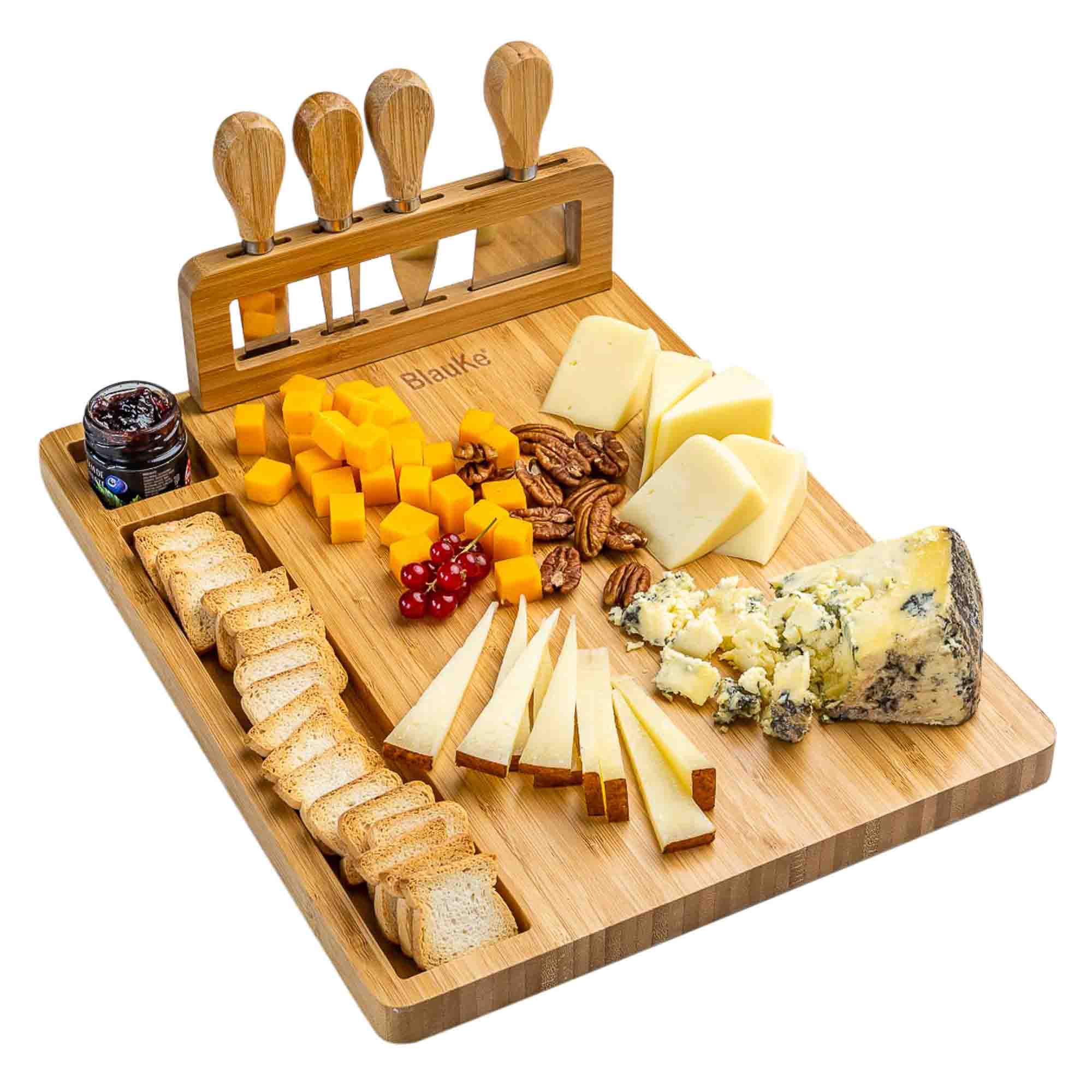 Elegant bamboo cheese board and knife set, featuring a 14x11 inch surface with included cheese knives and serving fork.