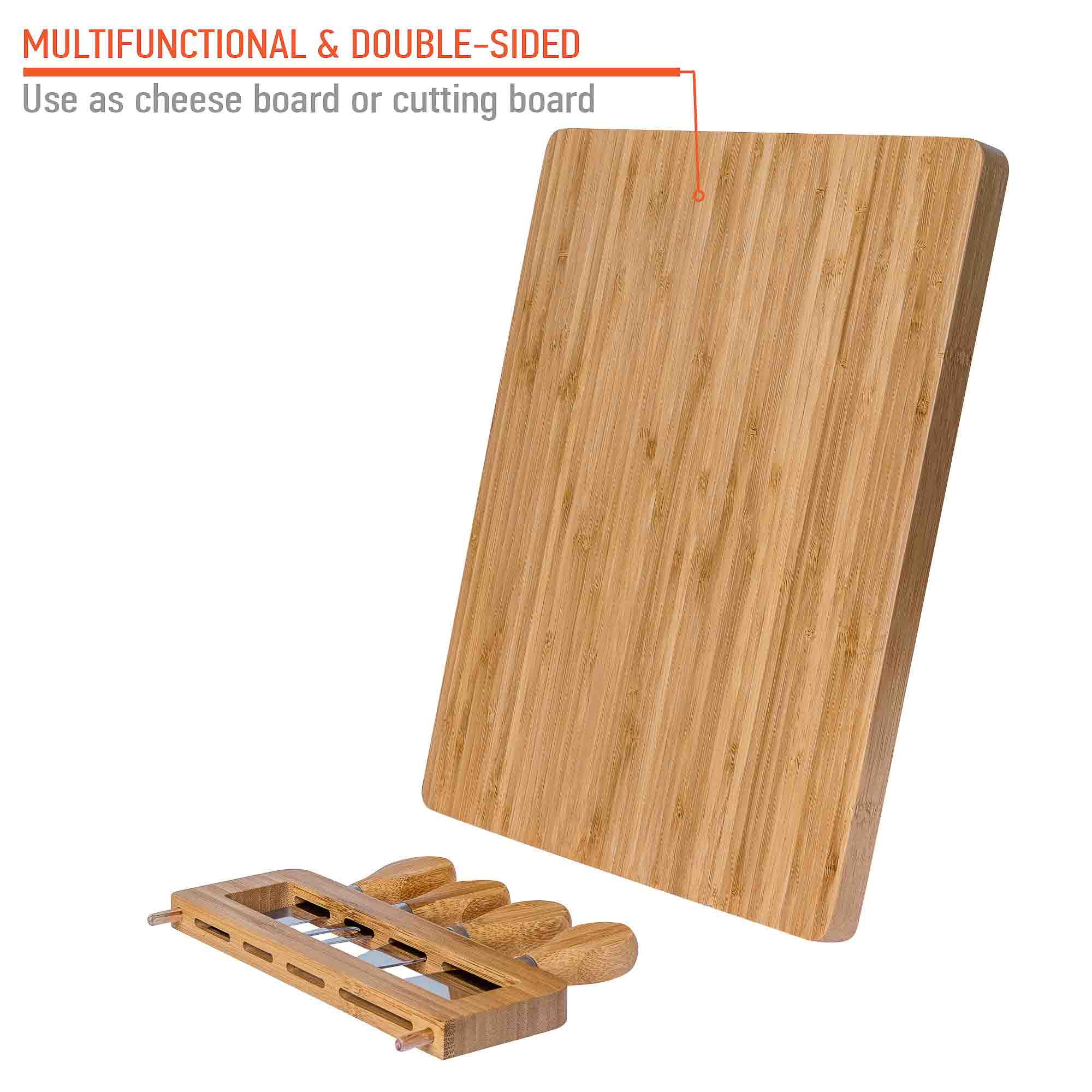 Elegant bamboo cheese board and knife set, featuring a 14x11 inch surface with included cheese knives and serving fork.