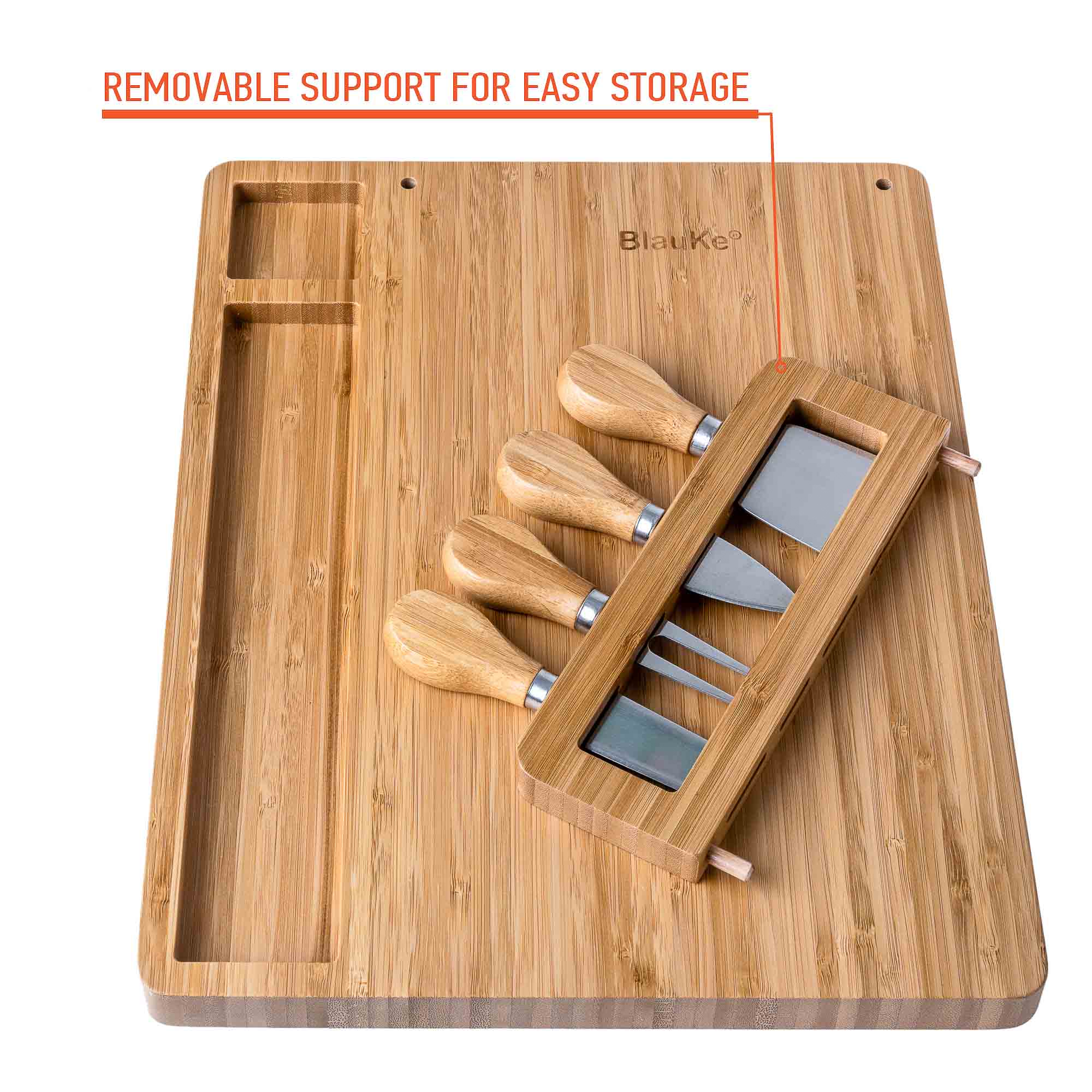 Elegant bamboo cheese board and knife set, featuring a 14x11 inch surface with included cheese knives and serving fork.