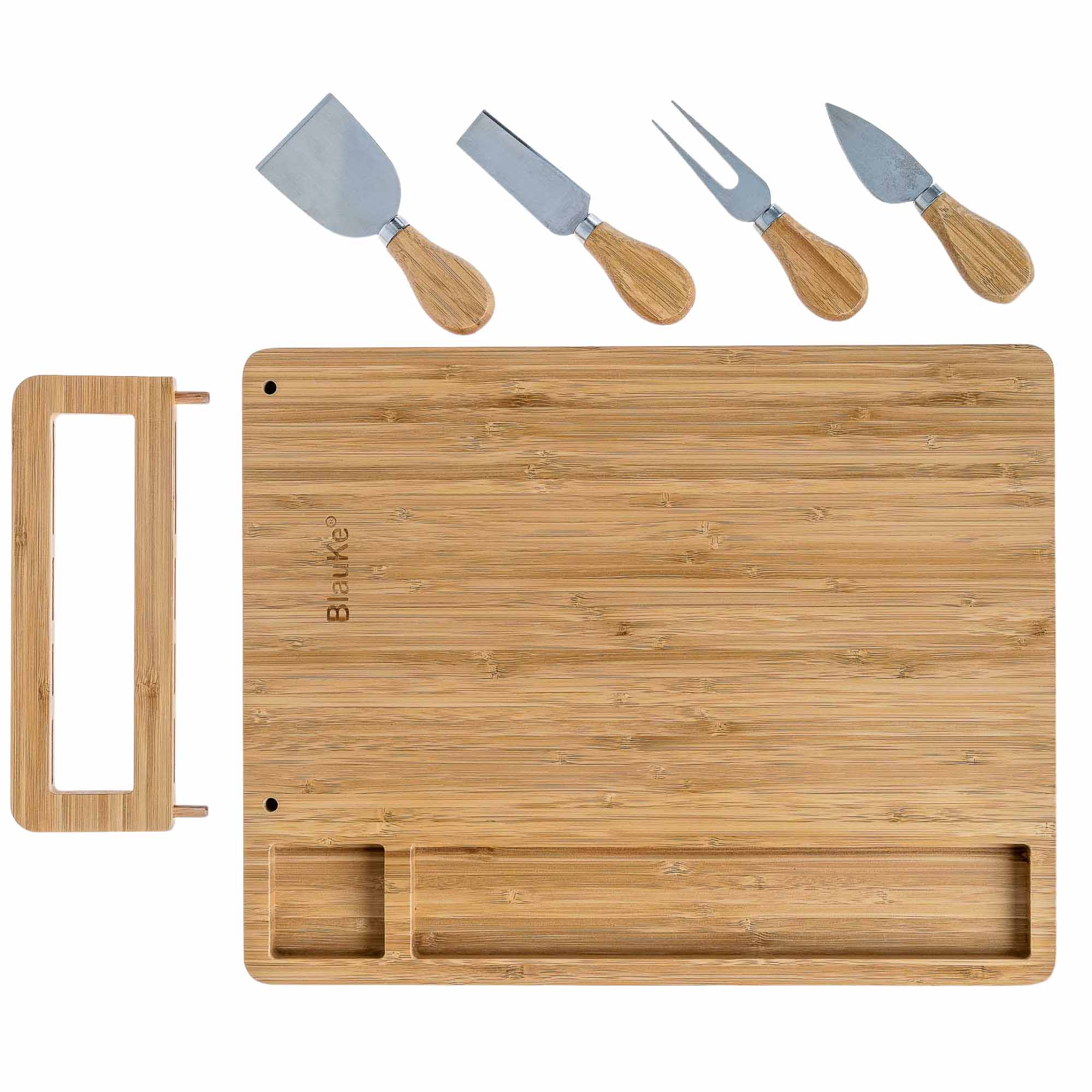 Elegant bamboo cheese board and knife set, featuring a 14x11 inch surface with included cheese knives and serving fork.