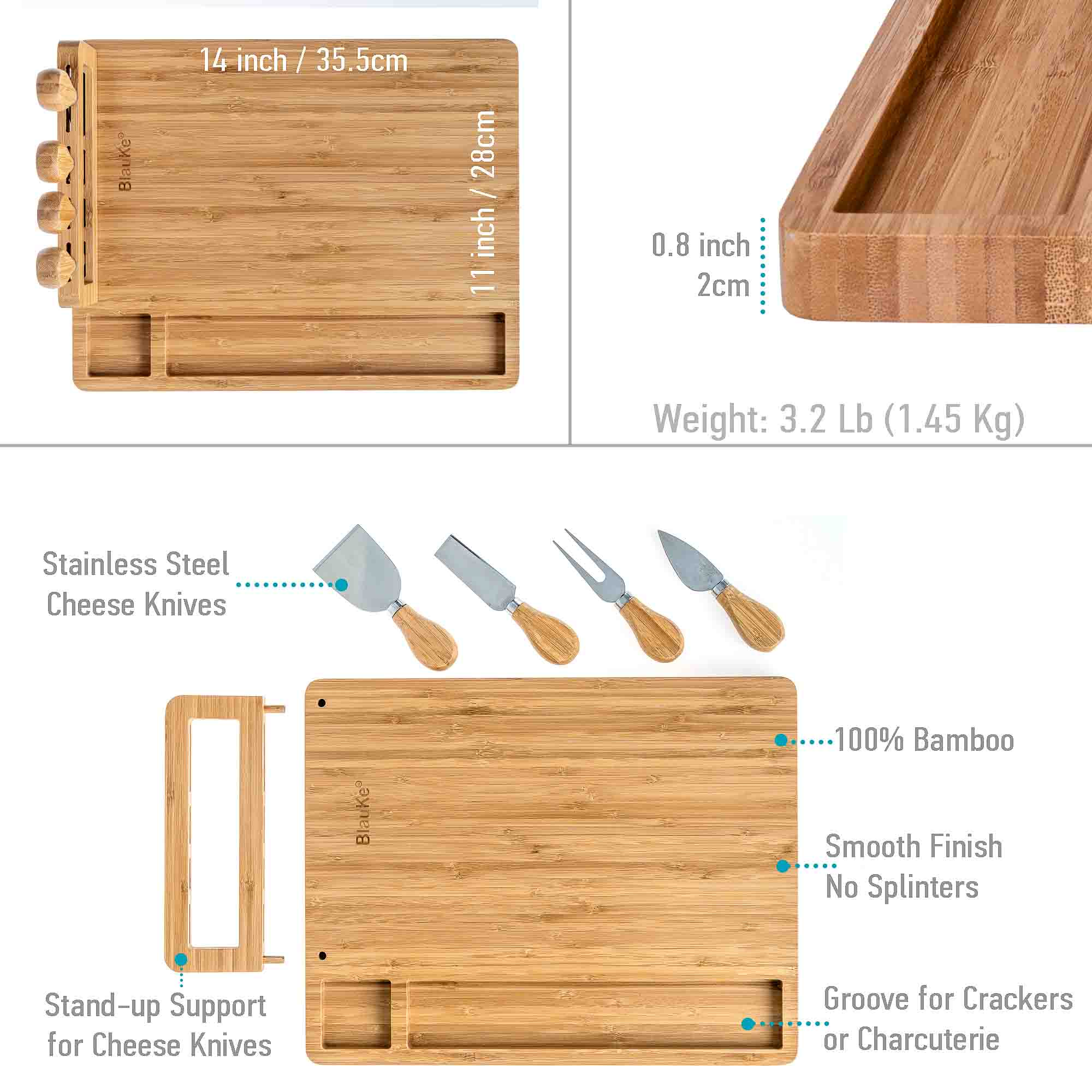 Elegant bamboo cheese board and knife set, featuring a 14x11 inch surface with included cheese knives and serving fork.