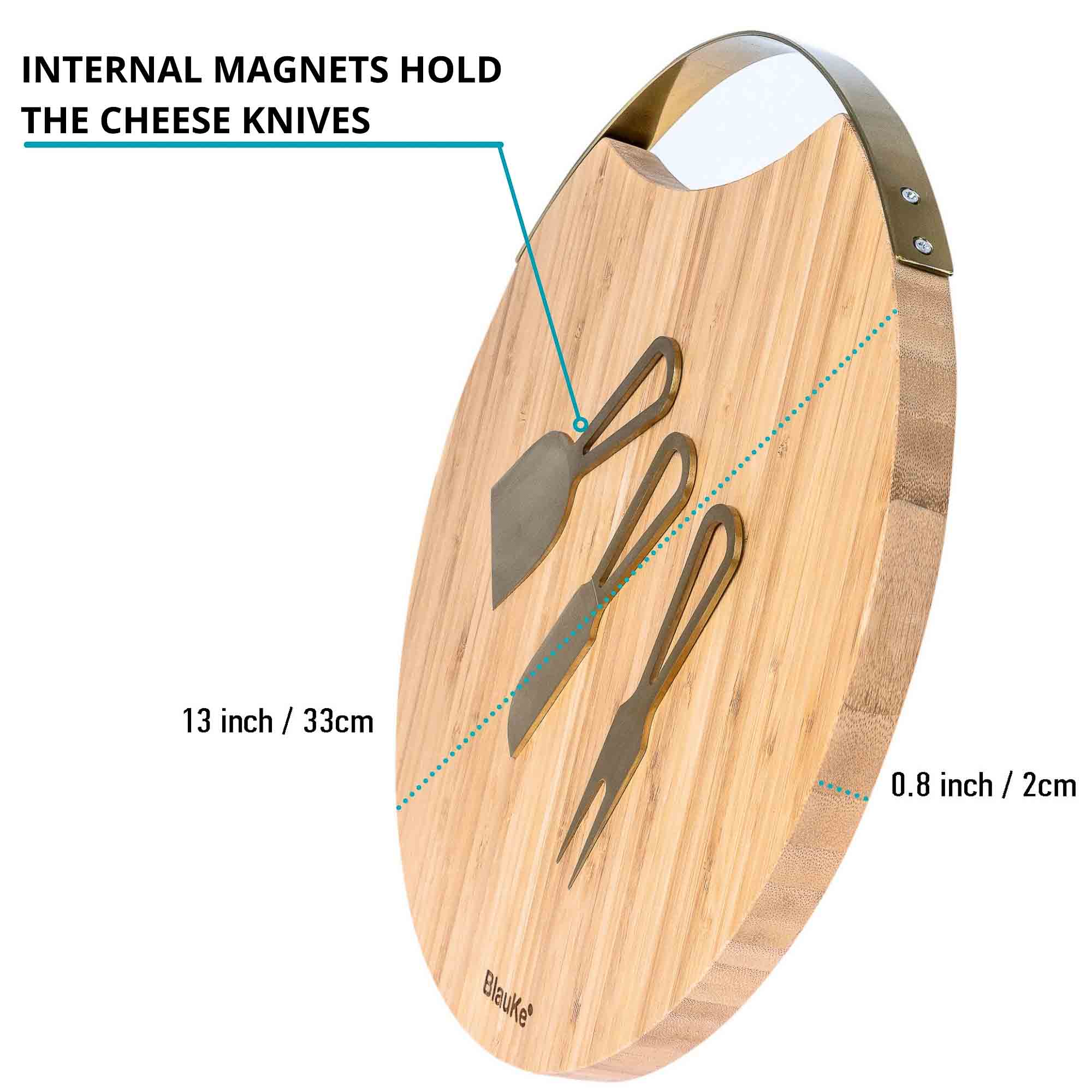 A stylish 13-inch bamboo cheese board with magnetic knife storage, featuring a spatula knife, plane knife, and serving fork, elegantly arranged for serving.