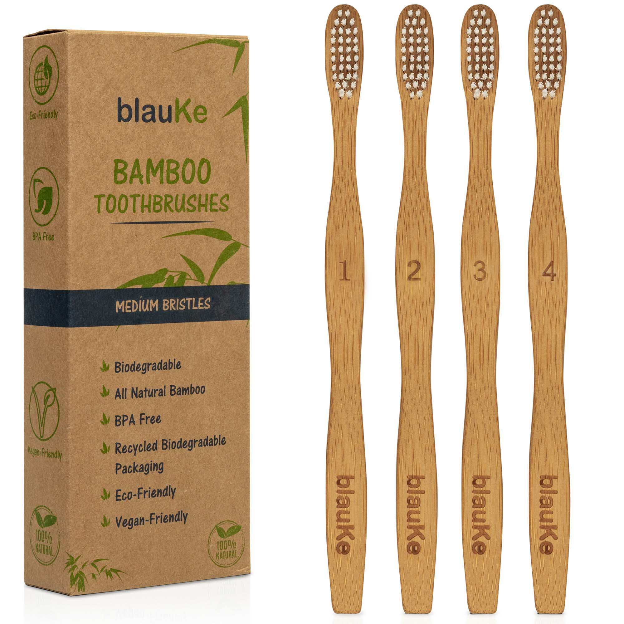 Bamboo Toothbrush Set 4-Pack featuring medium bristles, eco-friendly and sustainable design.