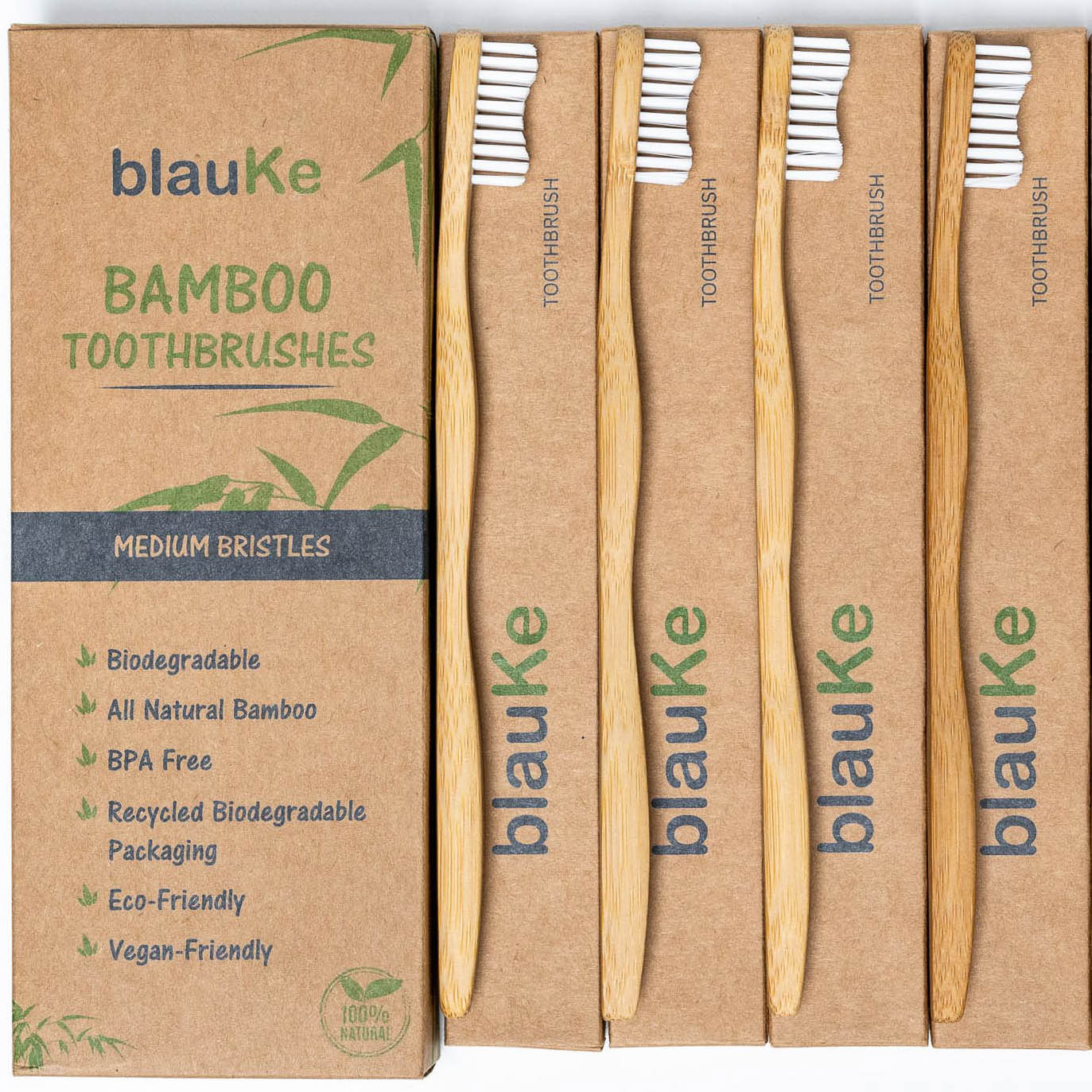 Bamboo Toothbrush Set 4-Pack featuring medium bristles, eco-friendly and sustainable design.