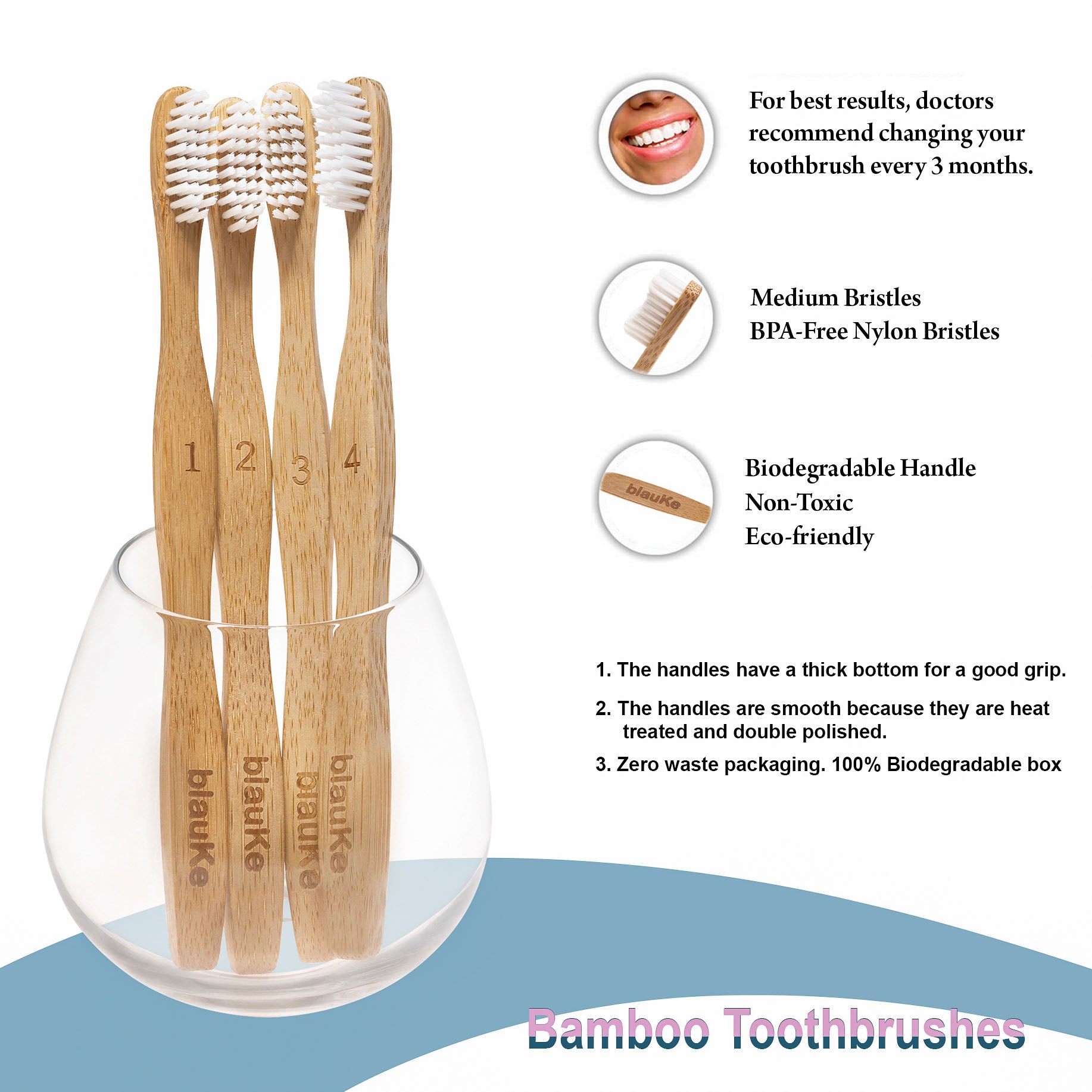 Bamboo Toothbrush Set 4-Pack featuring medium bristles, eco-friendly and sustainable design.