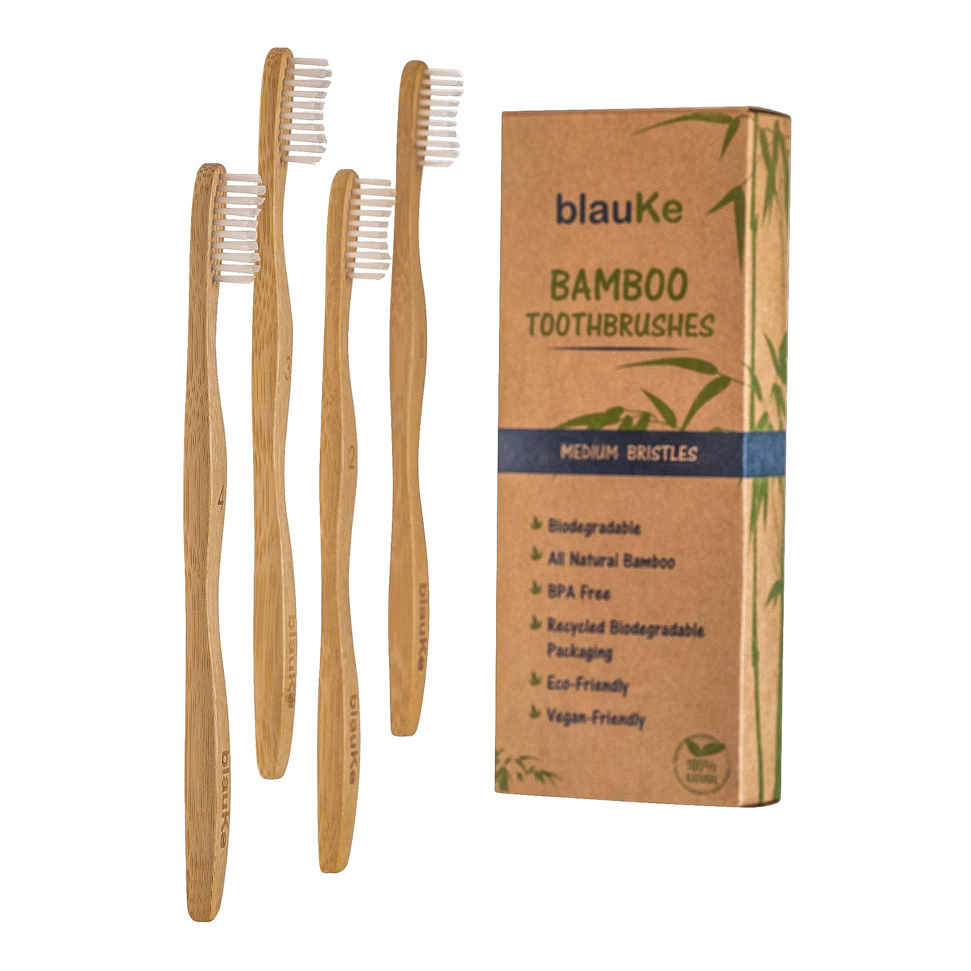 Bamboo Toothbrush Set 4-Pack featuring medium bristles, eco-friendly and sustainable design.