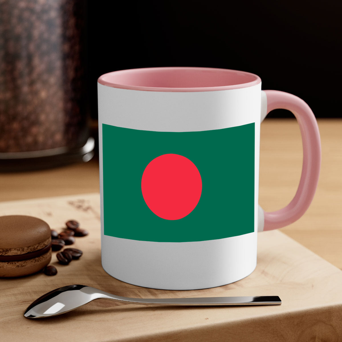 Bangladesh 184# Mug featuring a glossy finish and colorful handle, available in multiple sizes.