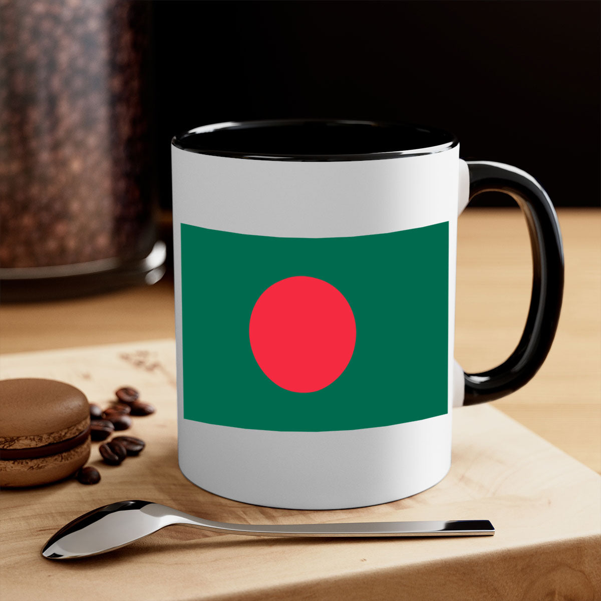 Bangladesh 184# Mug featuring a glossy finish and colorful handle, available in multiple sizes.