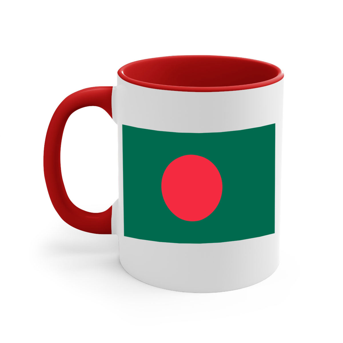 Bangladesh 184# Mug featuring a glossy finish and colorful handle, available in multiple sizes.