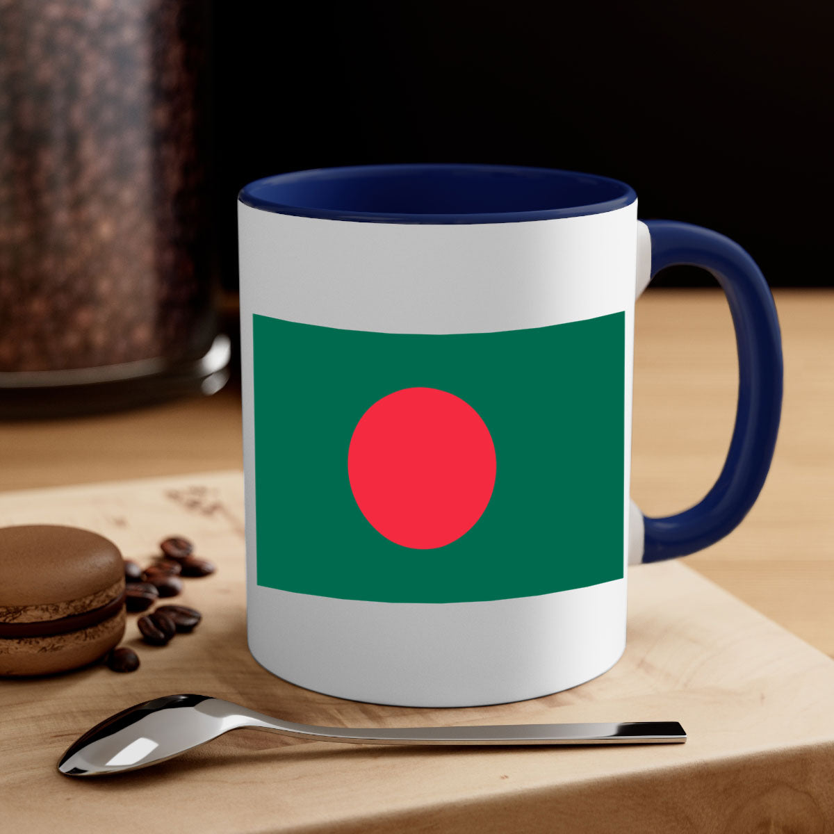 Bangladesh 184# Mug featuring a glossy finish and colorful handle, available in multiple sizes.