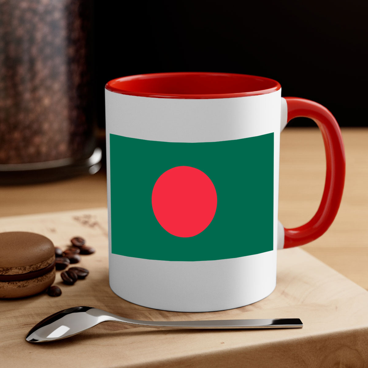 Bangladesh 184# Mug featuring a glossy finish and colorful handle, available in multiple sizes.