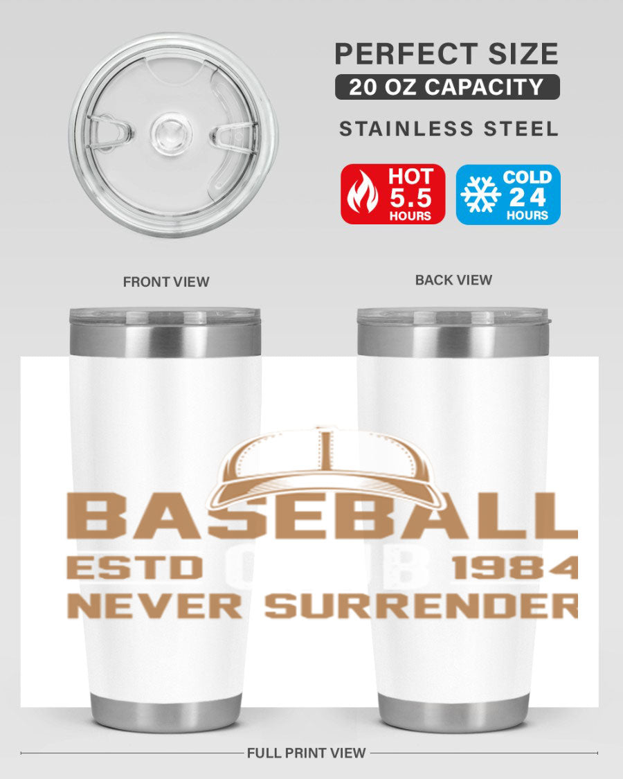 Base 1447# baseball tumbler in stainless steel with a sleek design, featuring a press-in lid and double wall vacuum insulation.