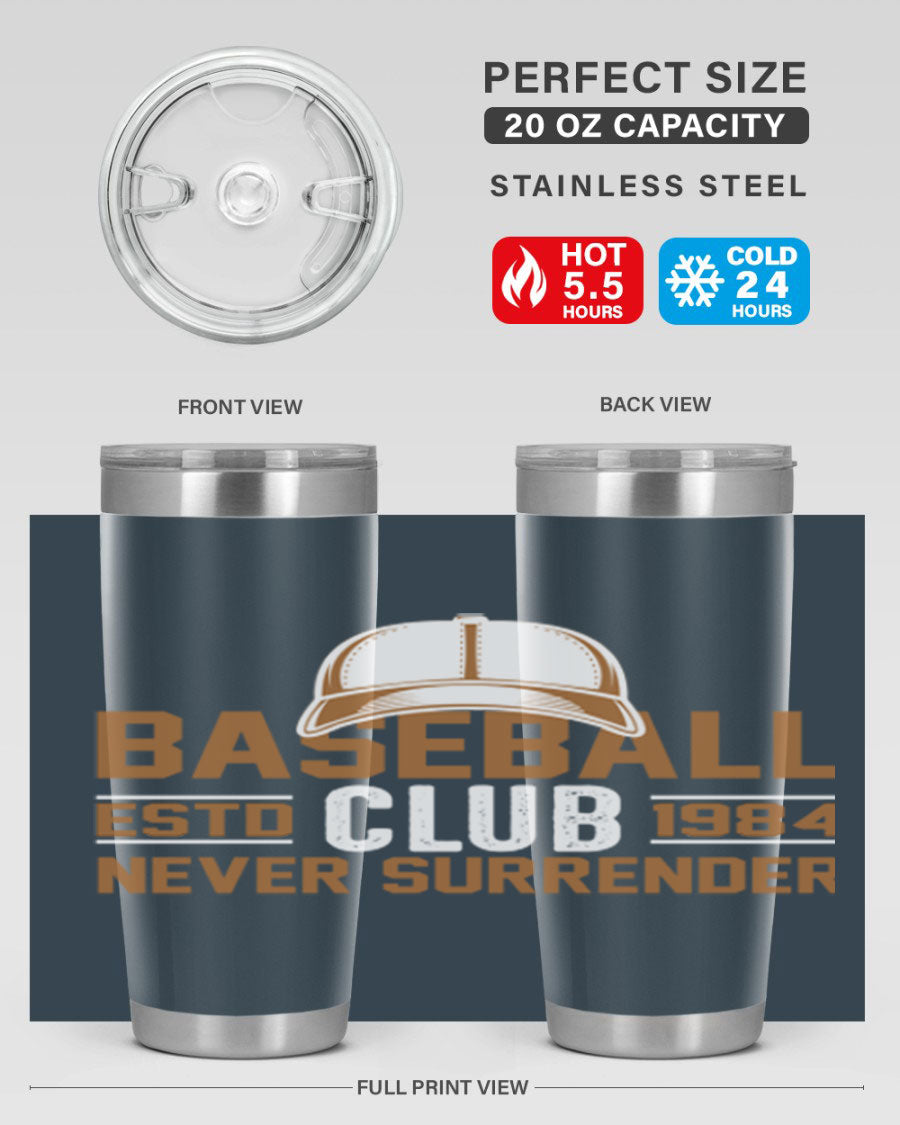 Base 1447# baseball tumbler in stainless steel with a sleek design, featuring a press-in lid and double wall vacuum insulation.