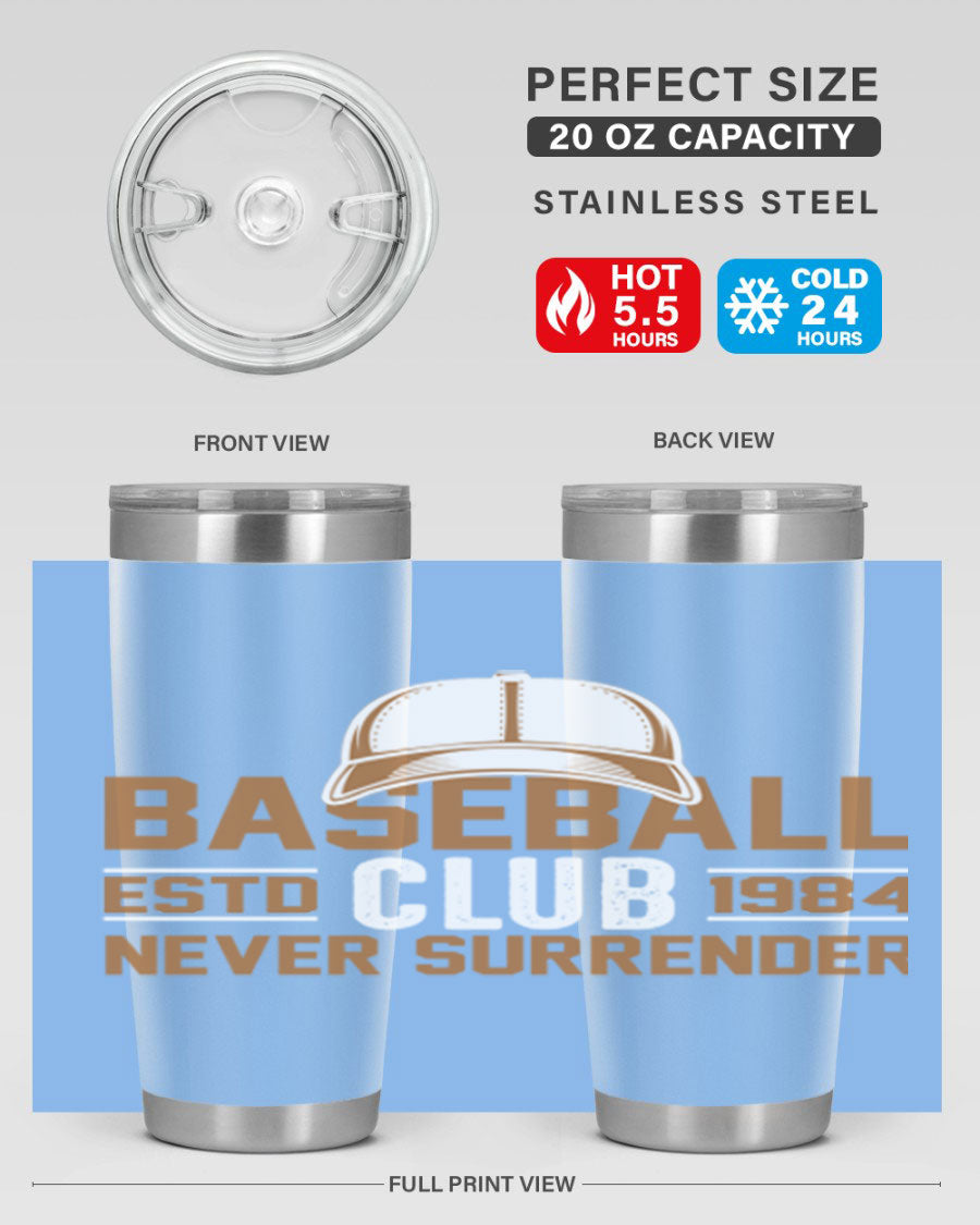 Base 1447# baseball tumbler in stainless steel with a sleek design, featuring a press-in lid and double wall vacuum insulation.