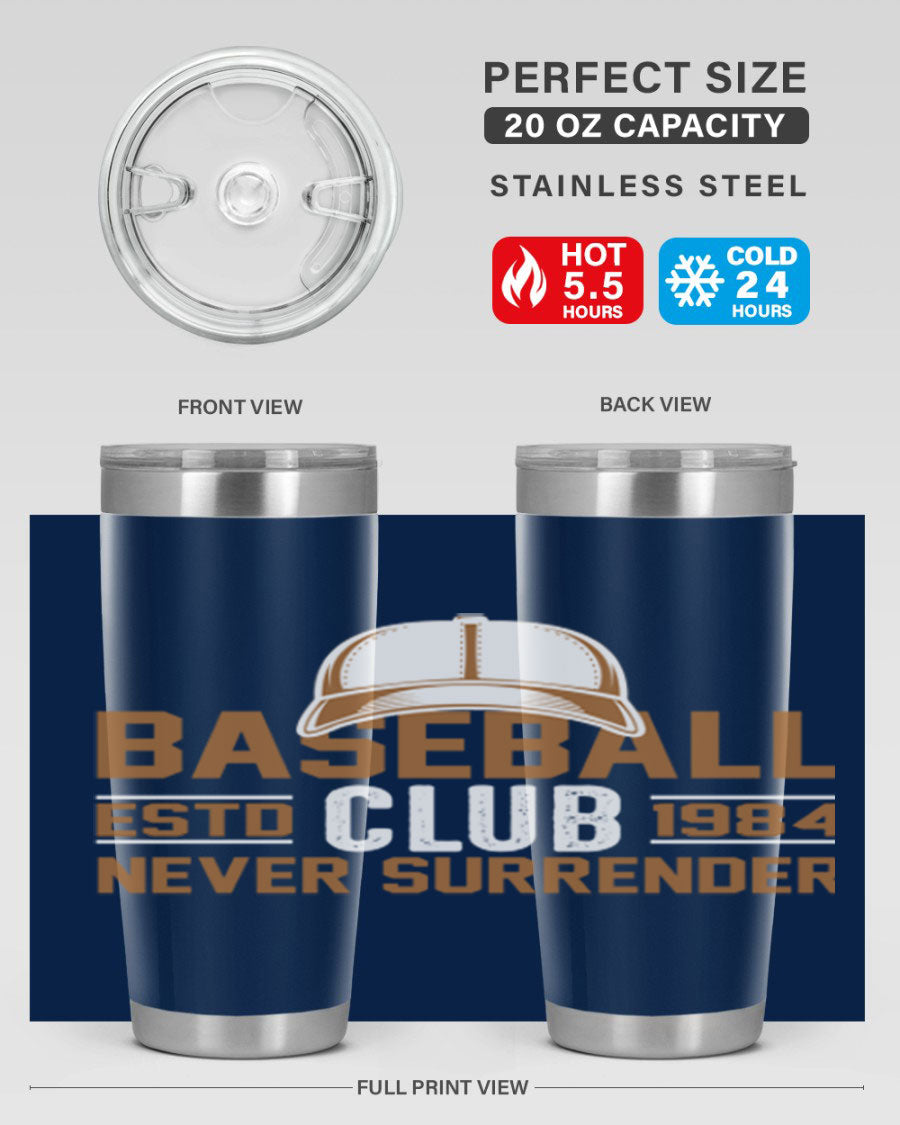 Base 1447# baseball tumbler in stainless steel with a sleek design, featuring a press-in lid and double wall vacuum insulation.