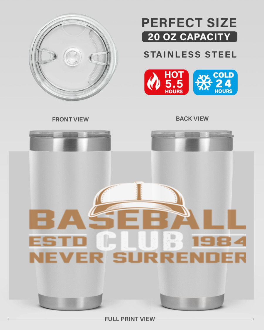 Base 1447# baseball tumbler in stainless steel with a sleek design, featuring a press-in lid and double wall vacuum insulation.