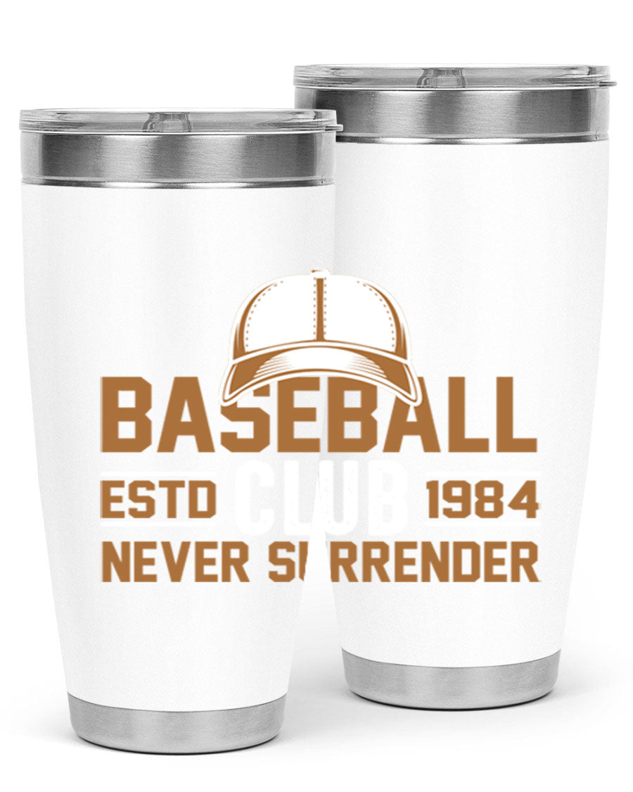 Base 1447# baseball tumbler in stainless steel with a sleek design, featuring a press-in lid and double wall vacuum insulation.