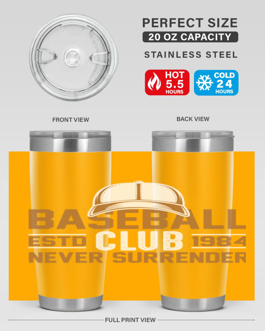 Base 1447# baseball tumbler in stainless steel with a sleek design, featuring a press-in lid and double wall vacuum insulation.