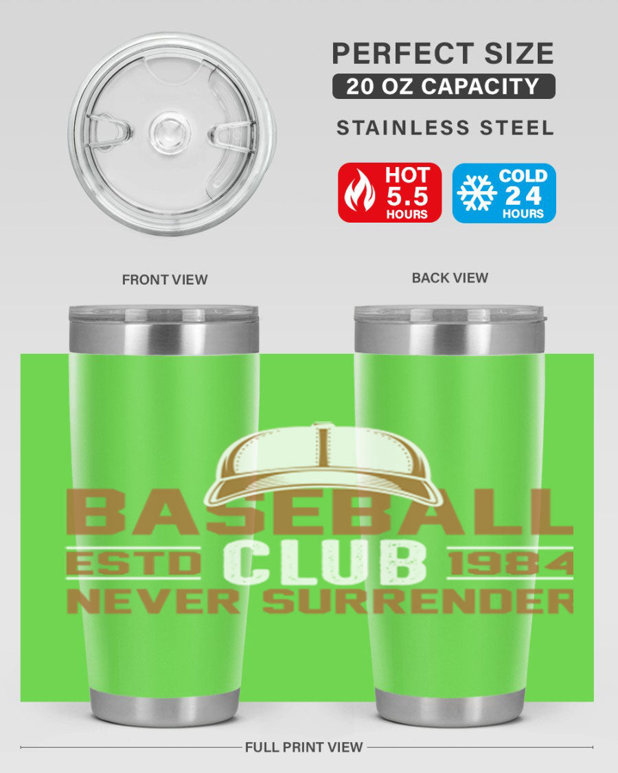 Base 1447# baseball tumbler in stainless steel with a sleek design, featuring a press-in lid and double wall vacuum insulation.