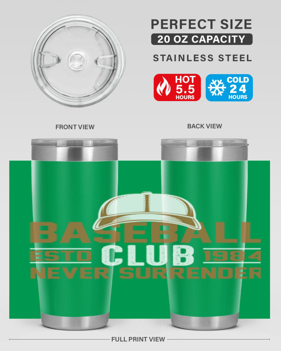 Base 1447# baseball tumbler in stainless steel with a sleek design, featuring a press-in lid and double wall vacuum insulation.