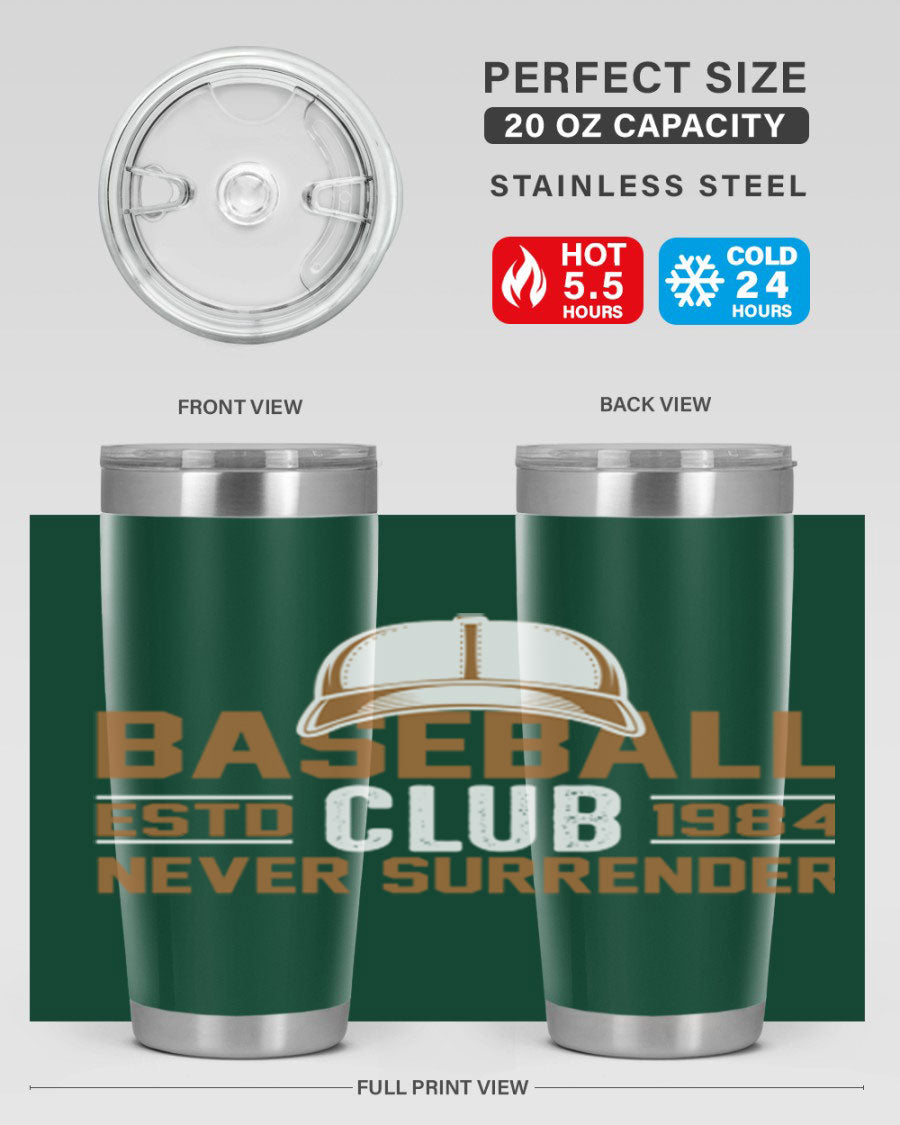 Base 1447# baseball tumbler in stainless steel with a sleek design, featuring a press-in lid and double wall vacuum insulation.