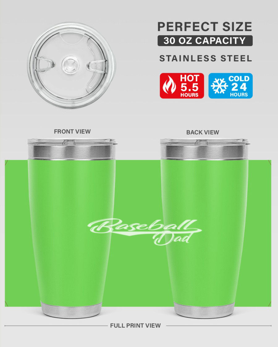 Baseball dadk 49# Tumbler in stainless steel with a drink-thru lid, showcasing its sleek design and vibrant print.