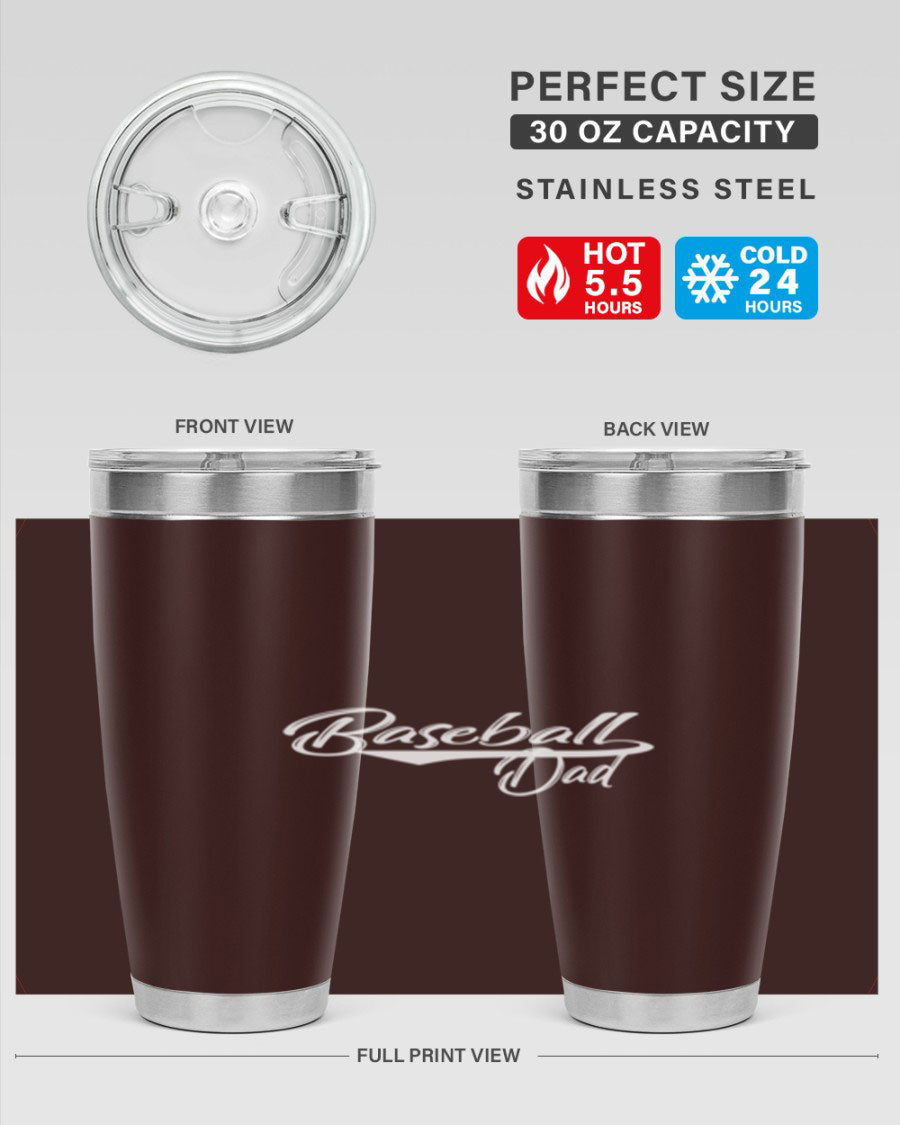 Baseball dadk 49# Tumbler in stainless steel with a drink-thru lid, showcasing its sleek design and vibrant print.