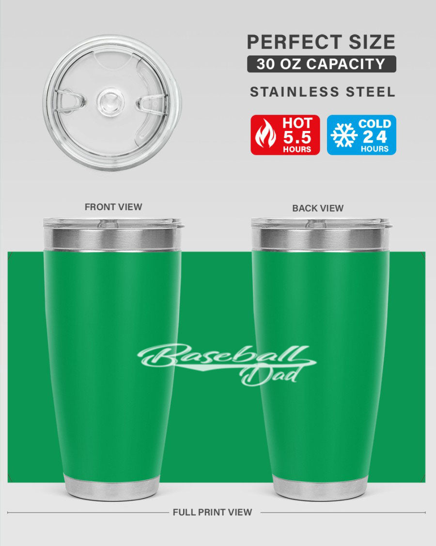 Baseball dadk 49# Tumbler in stainless steel with a drink-thru lid, showcasing its sleek design and vibrant print.