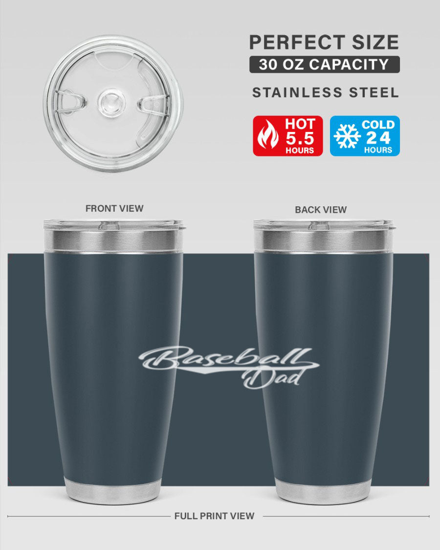 Baseball dadk 49# Tumbler in stainless steel with a drink-thru lid, showcasing its sleek design and vibrant print.