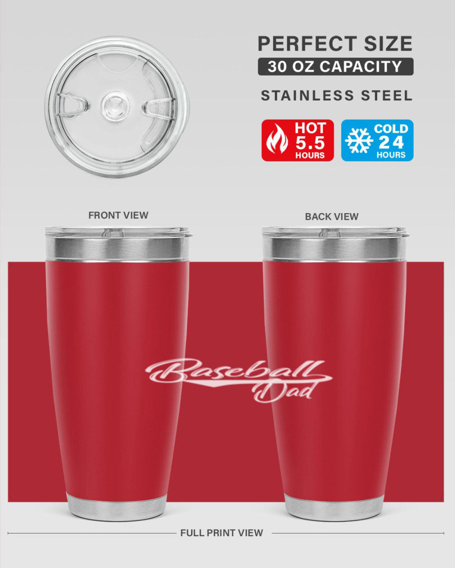 Baseball dadk 49# Tumbler in stainless steel with a drink-thru lid, showcasing its sleek design and vibrant print.