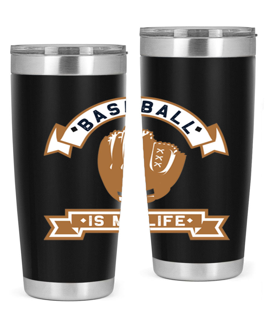 Baseball 1445# Tumbler in stainless steel with a drink-thru lid, showcasing its sleek design and vibrant print.