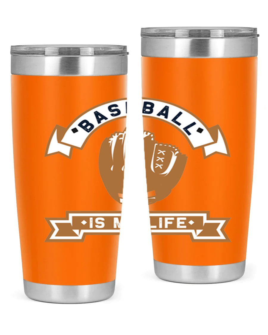 Baseball 1445# Tumbler in stainless steel with a drink-thru lid, showcasing its sleek design and vibrant print.