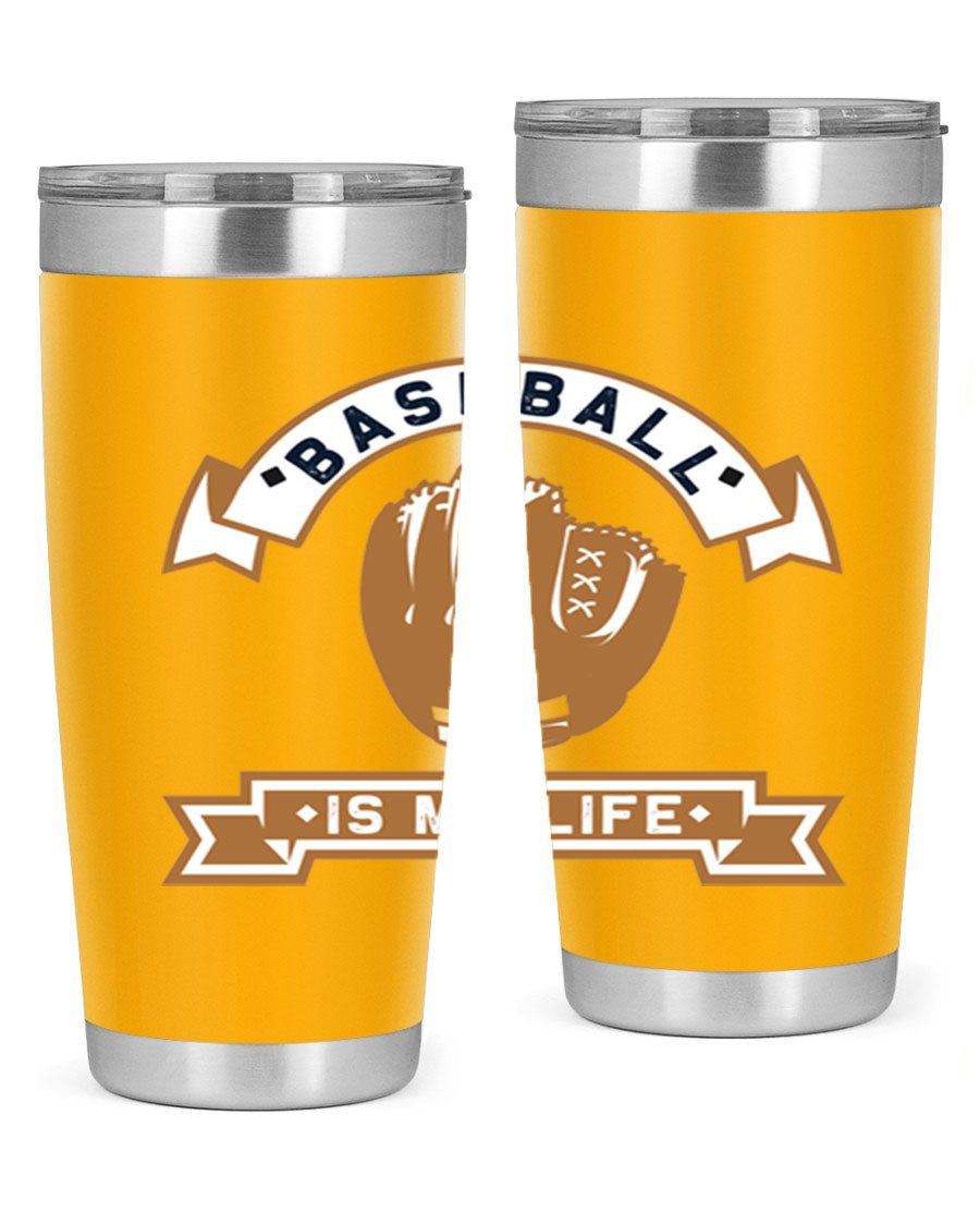 Baseball 1445# Tumbler in stainless steel with a drink-thru lid, showcasing its sleek design and vibrant print.